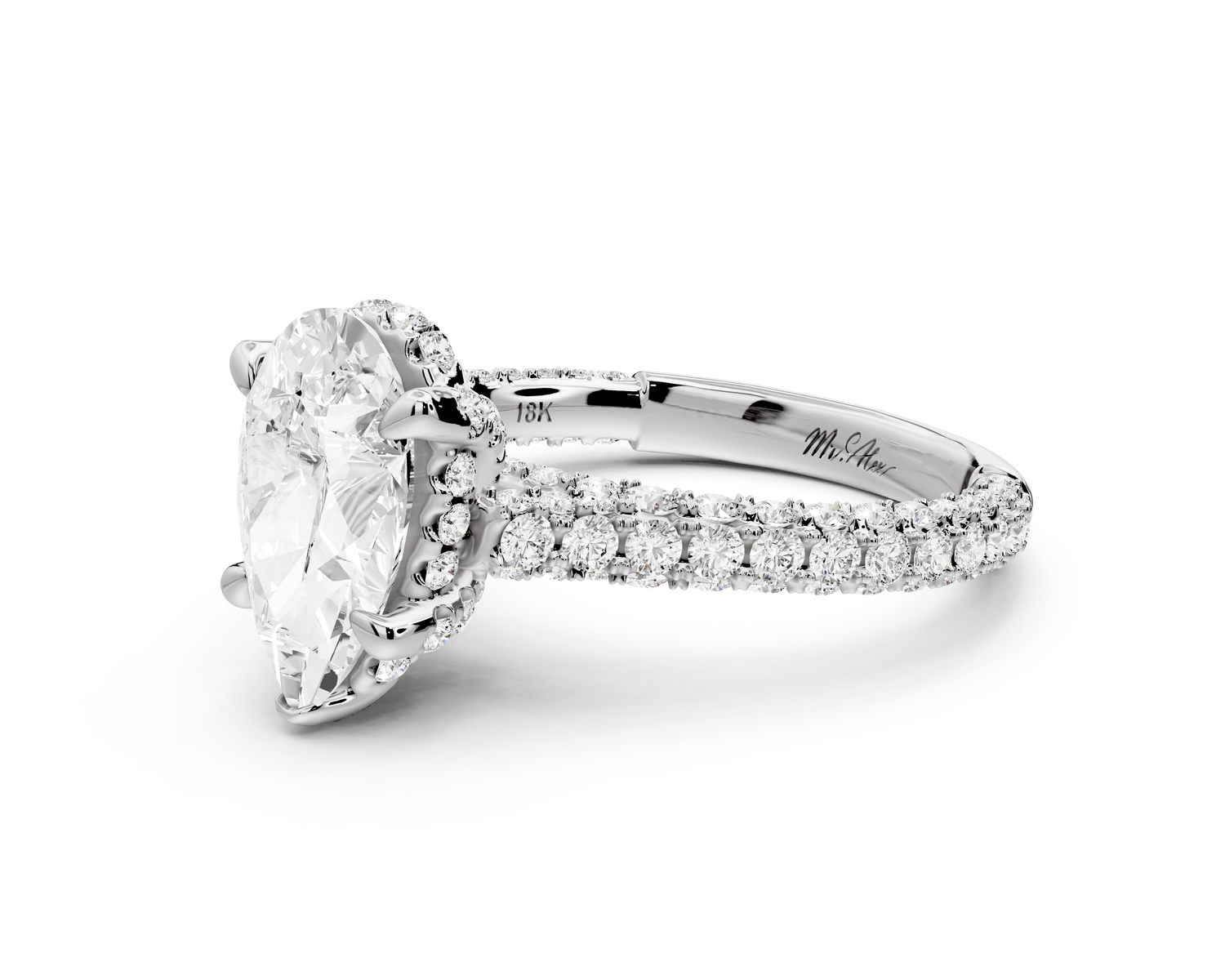 Bianca - 2ct platinum pear Diamond hidden halo with a diamond crown and bridge rollover pave cathedral Engagement ring