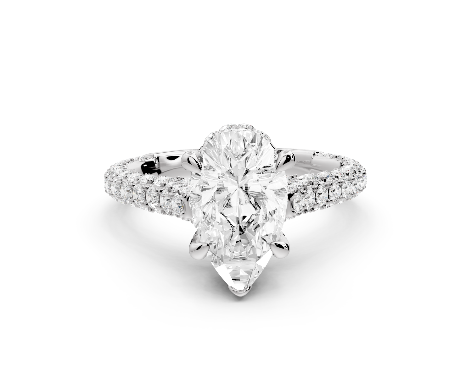 Bianca - 2ct 14k white gold pear Diamond hidden halo with a diamond crown and bridge rollover pave cathedral Engagement ring