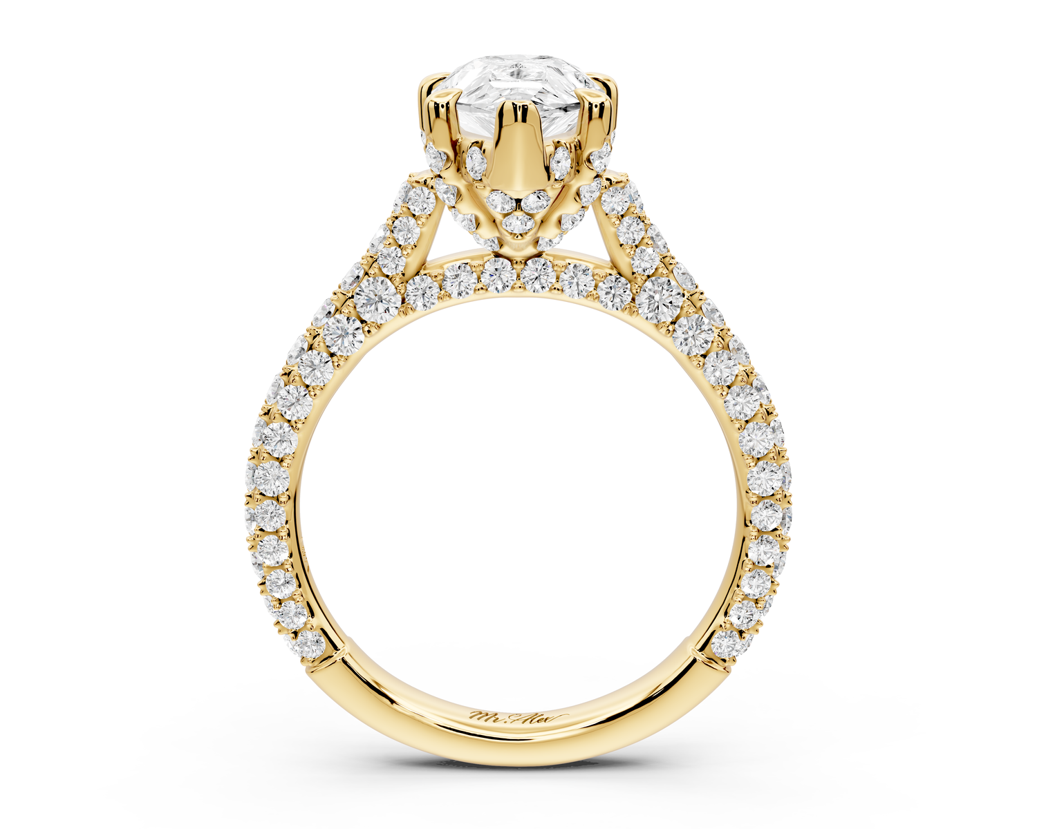 Bianca - 2ct 14k yellow gold pear Diamond hidden halo with a diamond crown and bridge rollover pave cathedral Engagement ring