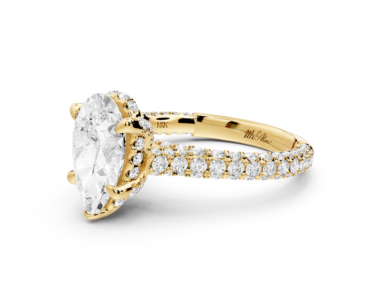 Bianca - 2ct 14k yellow gold pear Diamond hidden halo with a diamond crown and bridge rollover pave cathedral Engagement ring