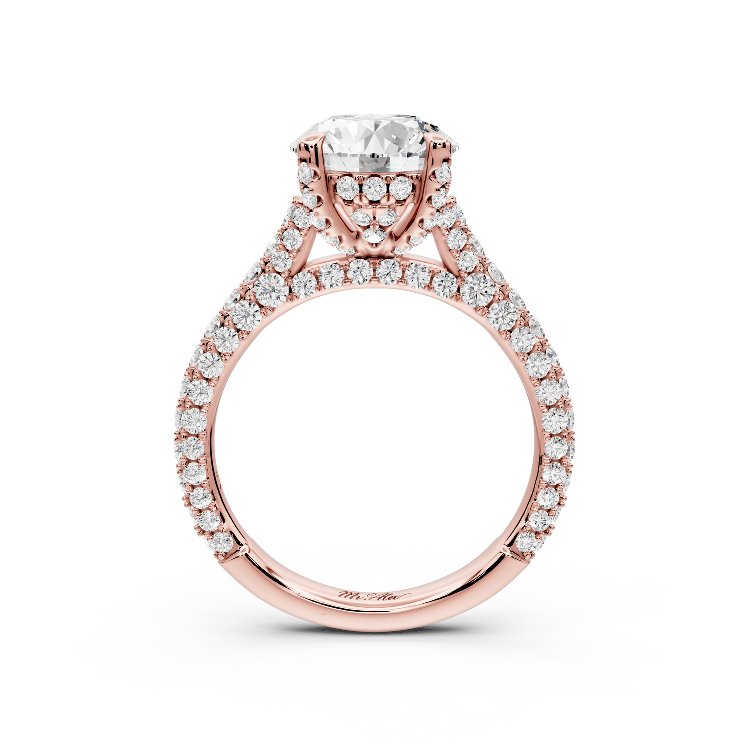 Bianca - 2ct 14k rose gold round Diamond hidden halo with a diamond crown and bridge rollover pave cathedral engagment ring