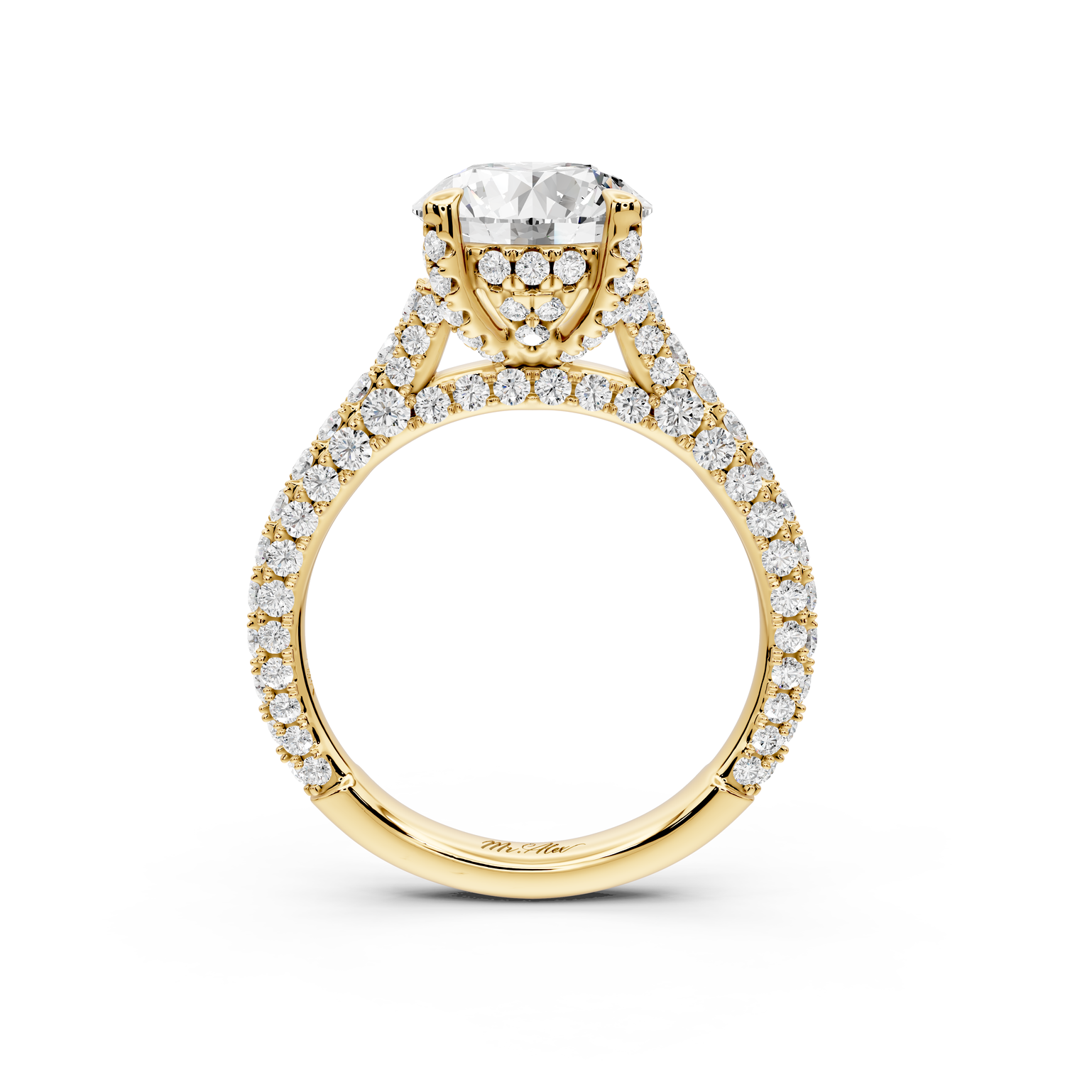 Bianca - 2ct 18k yellow gold round Diamond hidden halo with a diamond crown and bridge rollover pave cathedral engagment ring