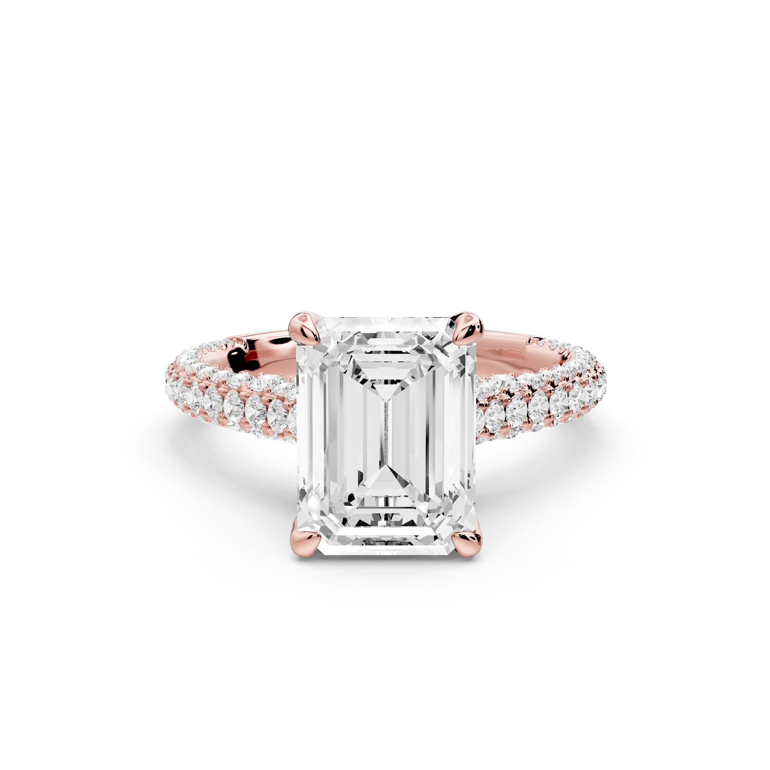 Bianca - 3ct 14k rose gold emerald Diamond hidden halo with a diamond crown and bridge rollover pave cathedral Engagement ring