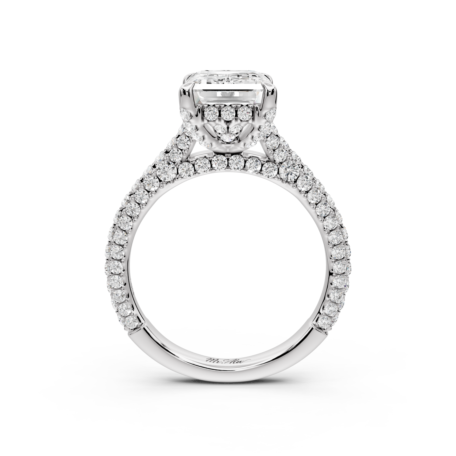 Bianca - 3ct 14k white gold emerald Diamond hidden halo with a diamond crown and bridge rollover pave cathedral Engagement ring