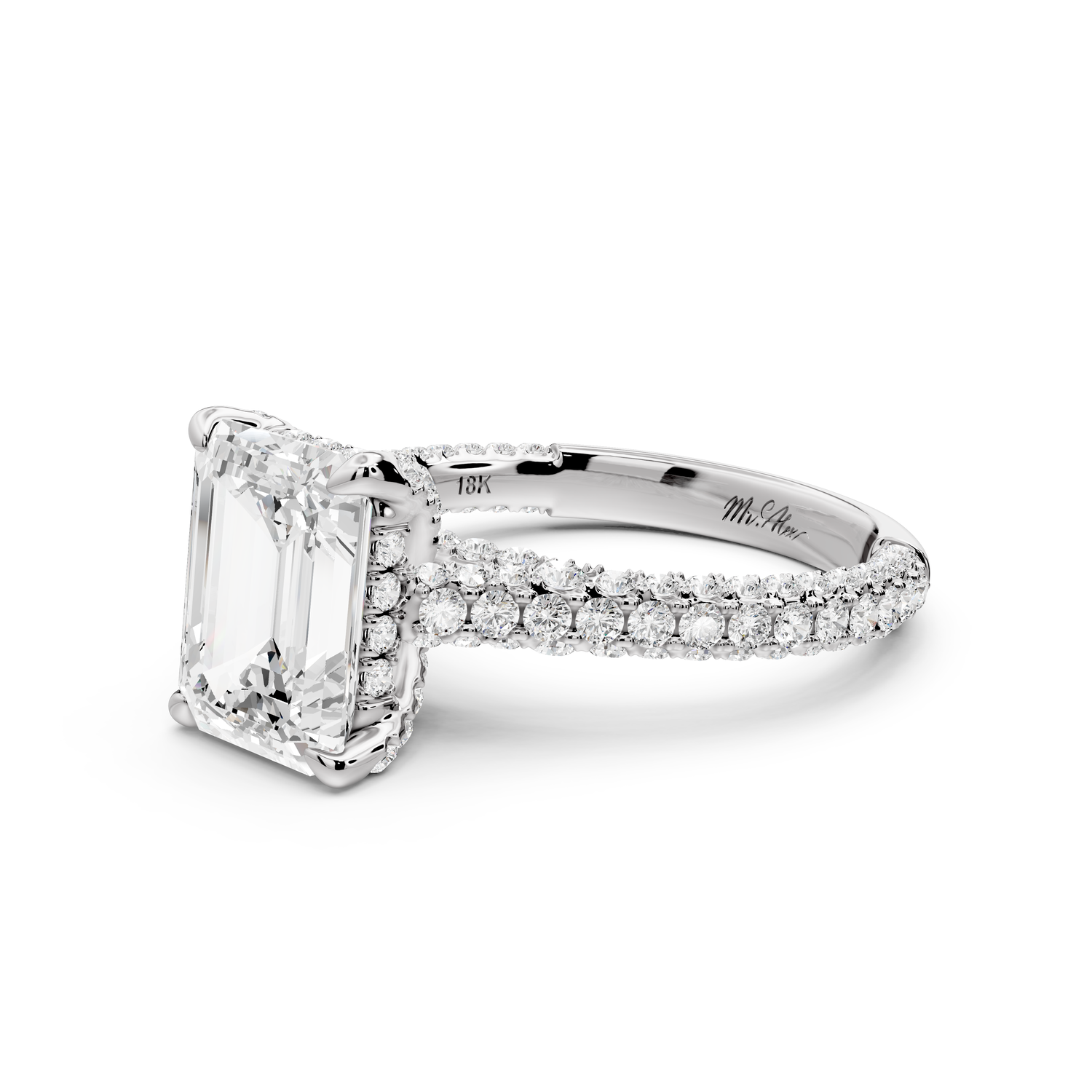 Bianca - 3ct 14k white gold emerald Diamond hidden halo with a diamond crown and bridge rollover pave cathedral Engagement ring