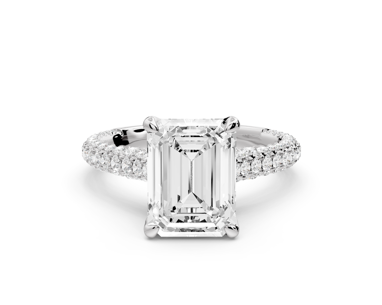 Bianca - 3ct platinum emerald Diamond hidden halo with a diamond crown and bridge rollover pave cathedral Engagement ring