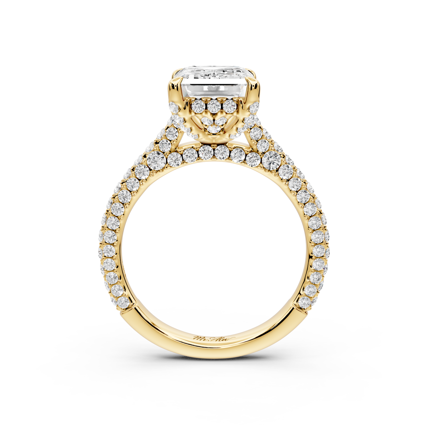 Bianca - 3ct 14k yellow gold emerald Diamond hidden halo with a diamond crown and bridge rollover pave cathedral Engagement ring