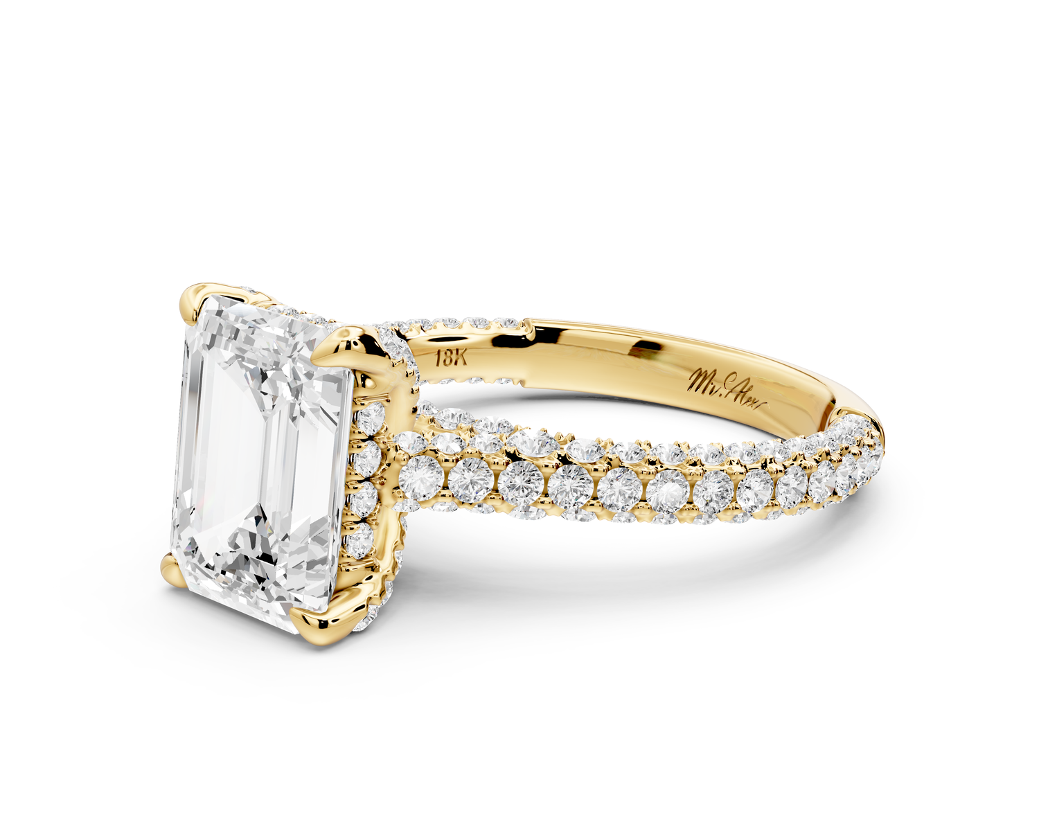 Bianca - 3ct 14k yellow gold emerald Diamond hidden halo with a diamond crown and bridge rollover pave cathedral Engagement ring