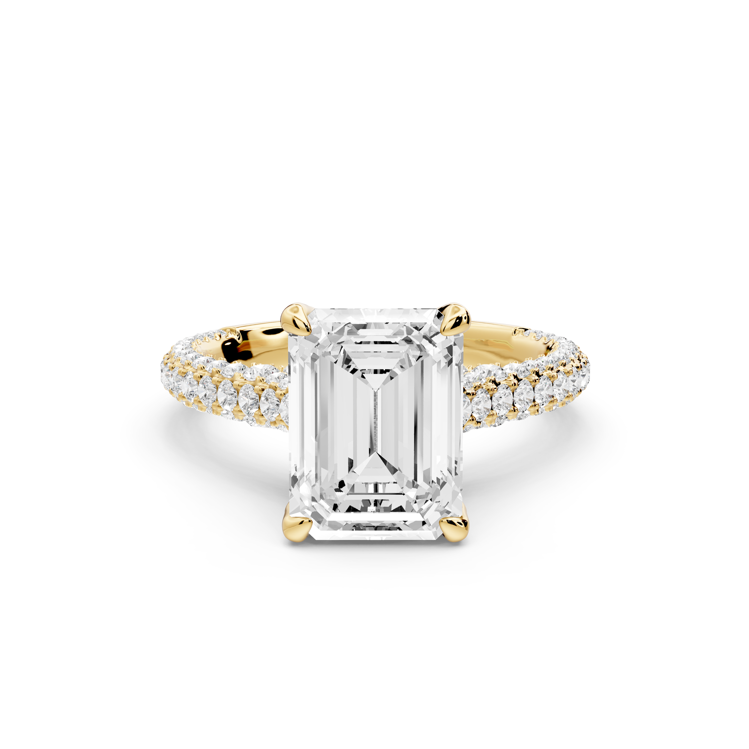 Bianca - 3ct 14k yellow gold emerald Diamond hidden halo with a diamond crown and bridge rollover pave cathedral Engagement ring