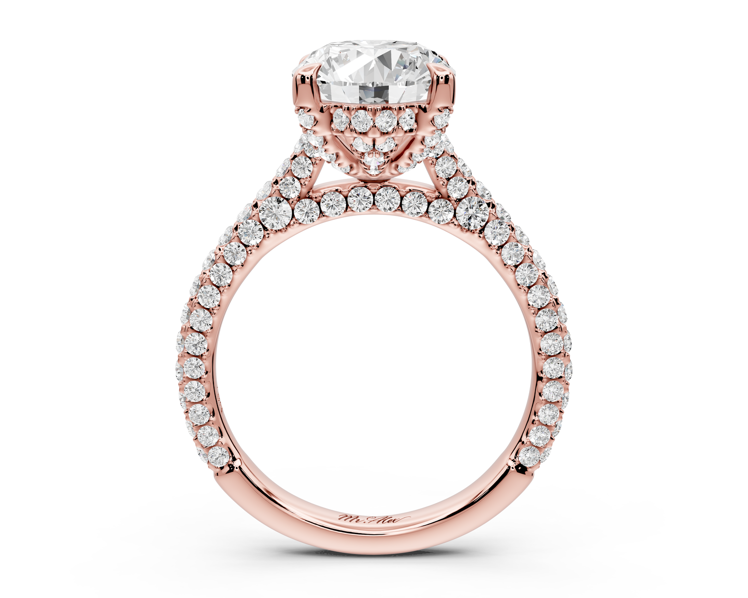 Bianca - 3ct 14k rose gold oval Diamond hidden halo with a diamond crown and bridge rollover pave cathedral Engagement ring