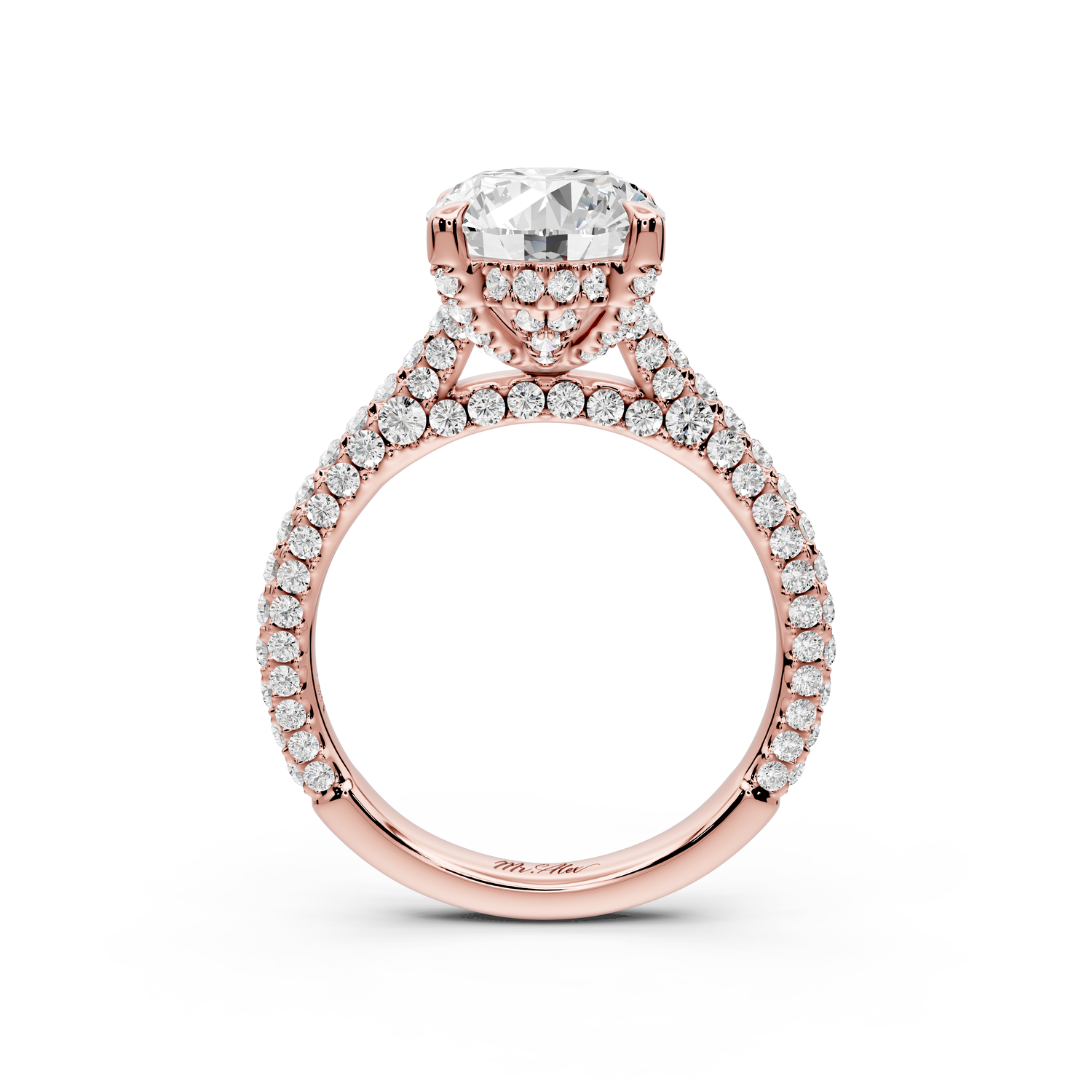 Bianca - 3ct 14k rose gold oval Diamond hidden halo with a diamond crown and bridge rollover pave cathedral Engagement ring