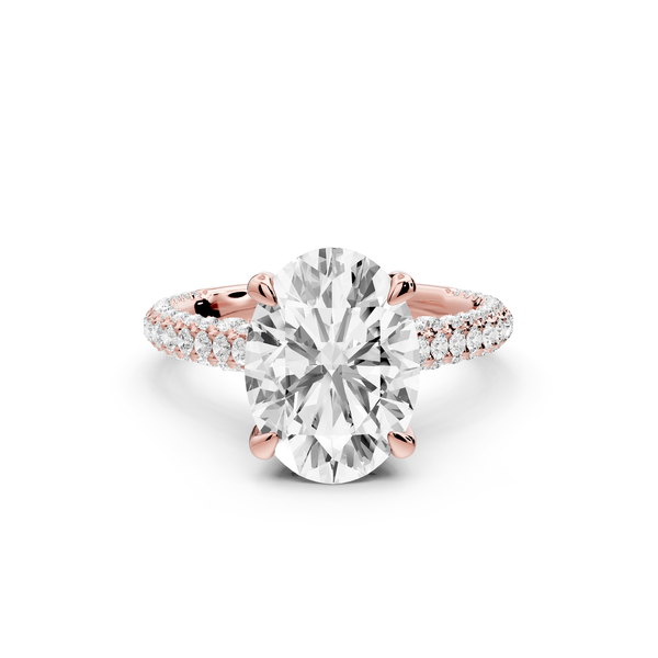 Bianca - 3ct 14k rose gold oval Diamond hidden halo with a diamond crown and bridge rollover pave cathedral Engagement ring