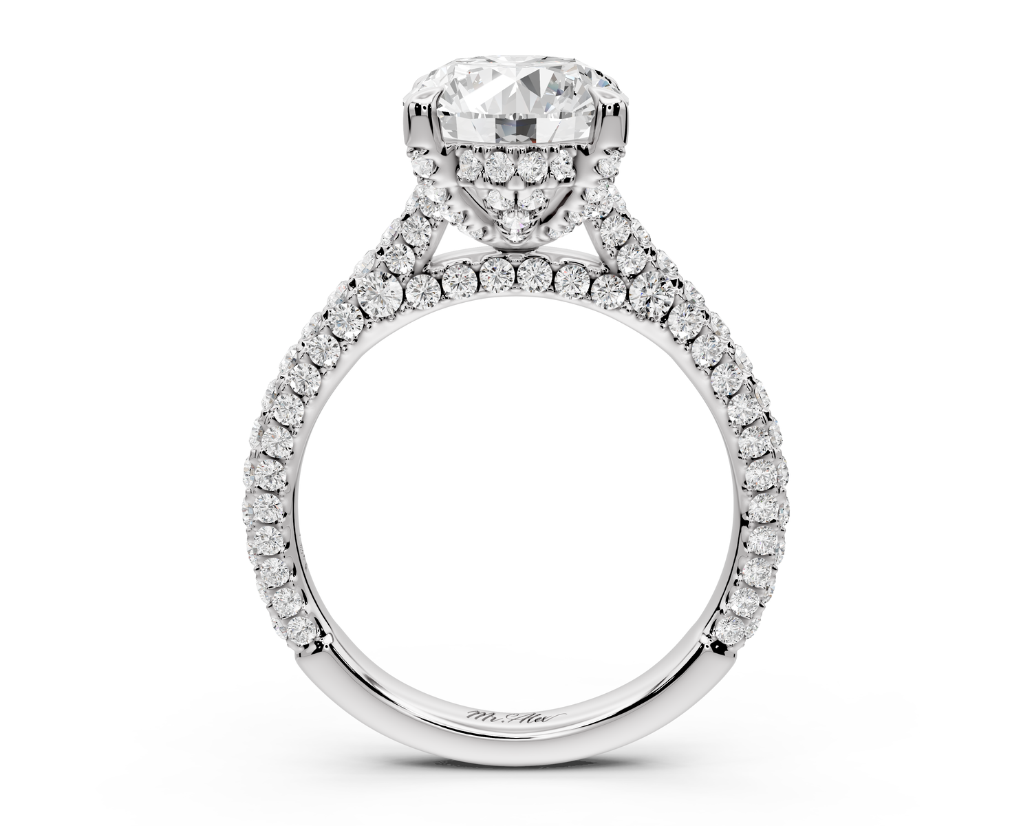 Bianca - 3ct 14k white gold oval Diamond hidden halo with a diamond crown and bridge rollover pave cathedral Engagement ring