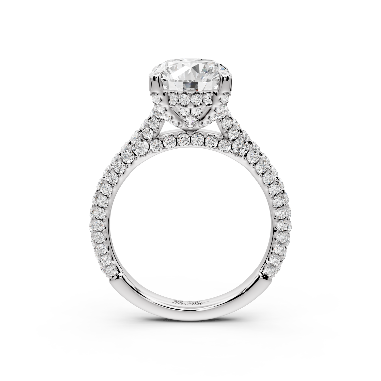 Bianca - 3ct 14k white gold oval Diamond hidden halo with a diamond crown and bridge rollover pave cathedral Engagement ring