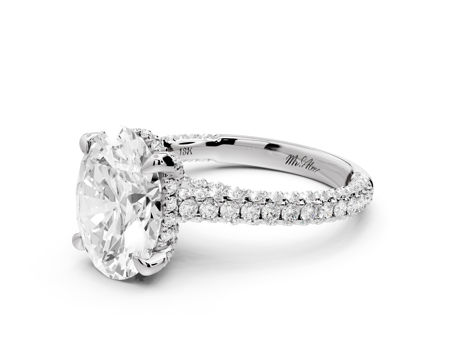 Bianca - 3ct 14k white gold oval Diamond hidden halo with a diamond crown and bridge rollover pave cathedral Engagement ring