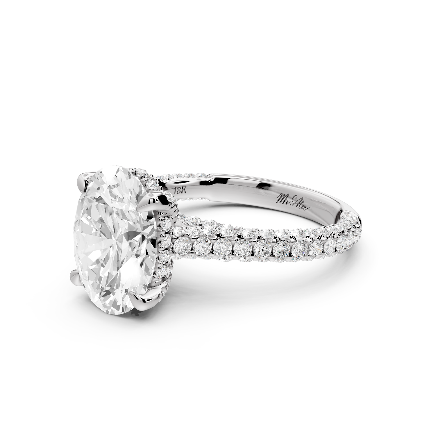 Bianca - 3ct 14k white gold oval Diamond hidden halo with a diamond crown and bridge rollover pave cathedral Engagement ring