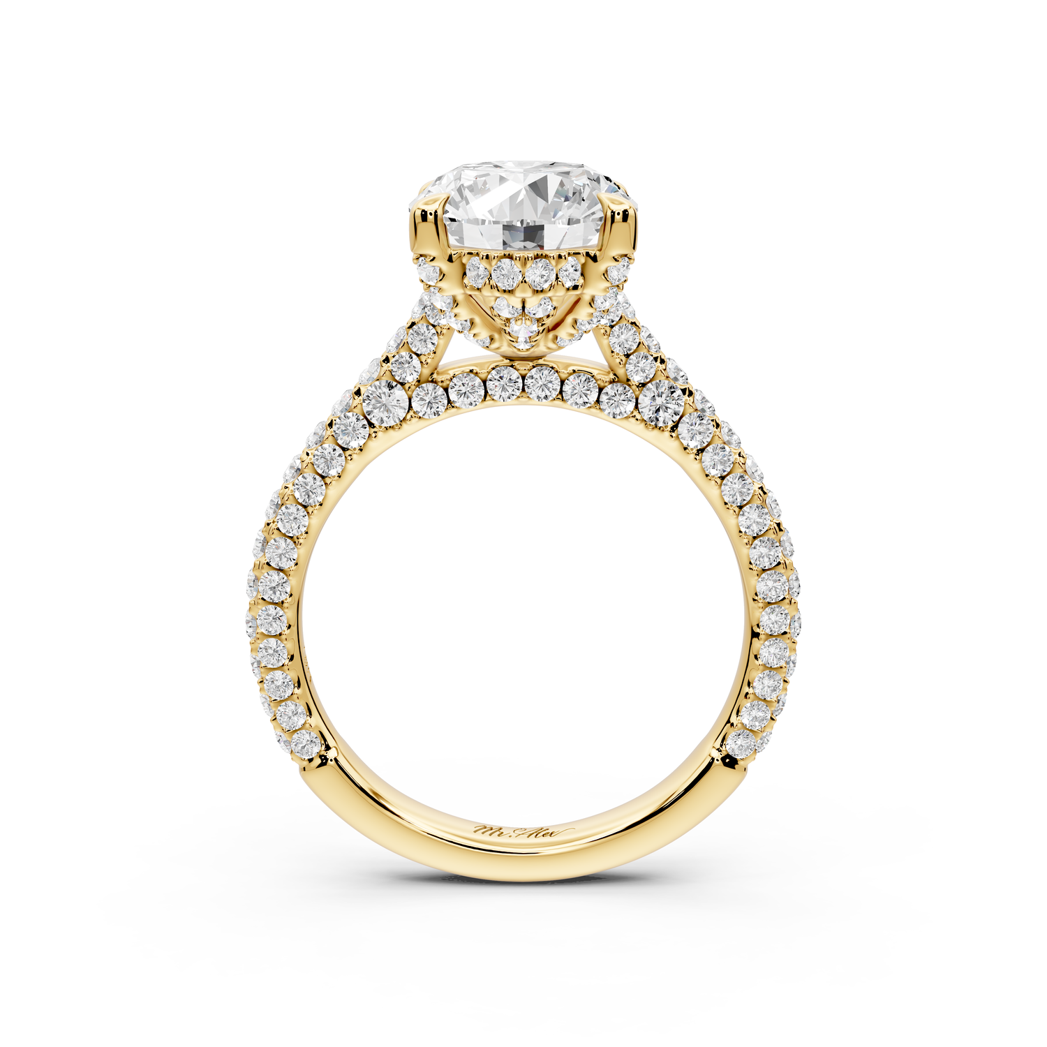 Bianca - 3ct 14k yellow gold oval Diamond hidden halo with a diamond crown and bridge rollover pave cathedral Engagement ring