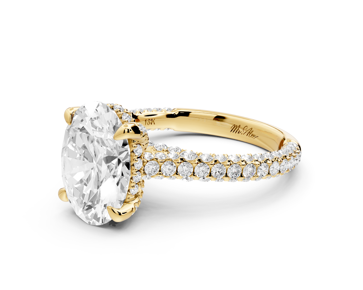 Bianca - 3ct 14k yellow gold oval Diamond hidden halo with a diamond crown and bridge rollover pave cathedral Engagement ring