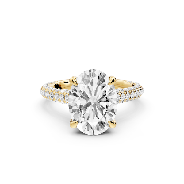 Bianca - 3ct 14k yellow gold oval Diamond hidden halo with a diamond crown and bridge rollover pave cathedral Engagement ring