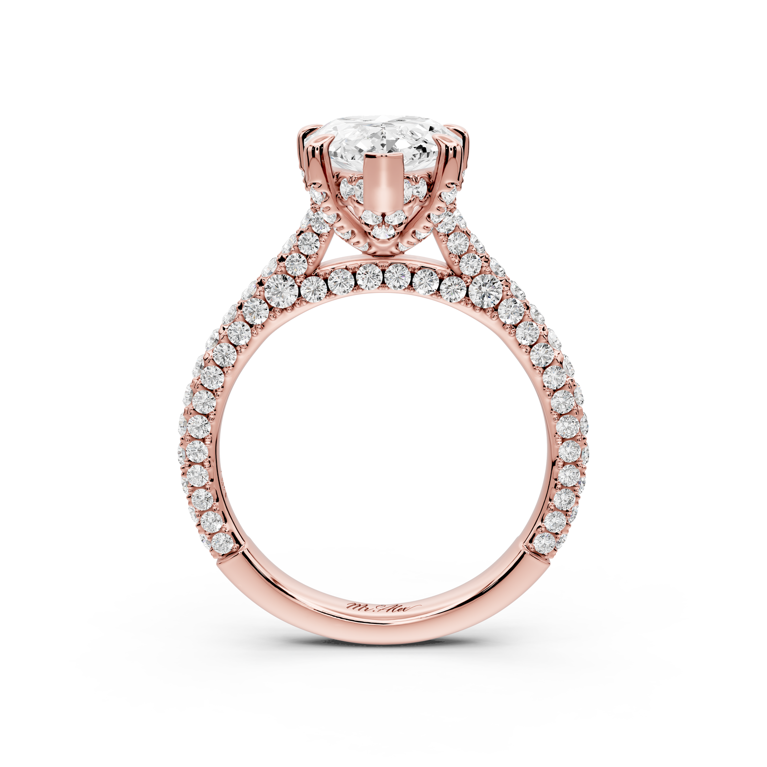 Bianca - 3ct 14k rose gold pear Diamond hidden halo with a diamond crown and bridge rollover pave cathedral Engagement ring