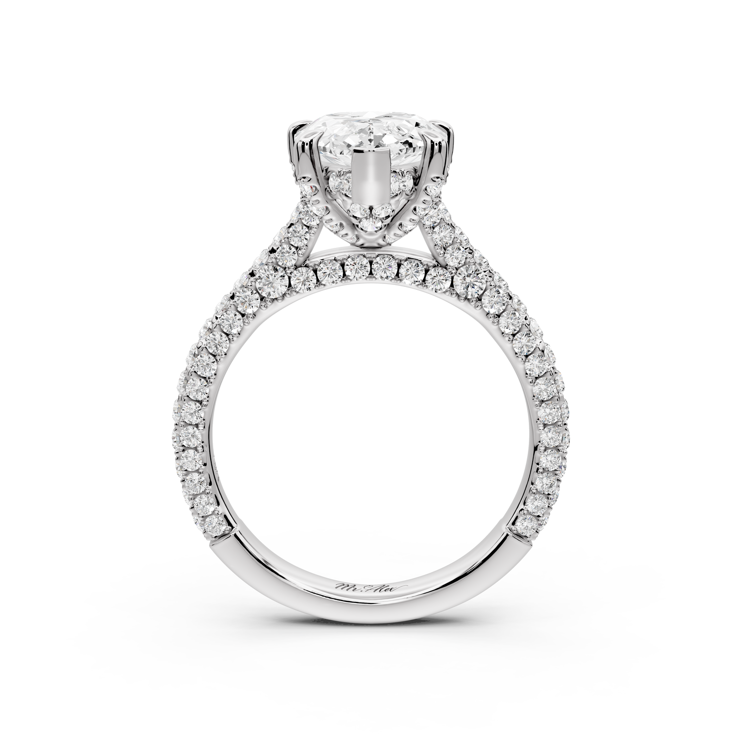 Bianca - 3ct 14k white gold pear Diamond hidden halo with a diamond crown and bridge rollover pave cathedral Engagement ring