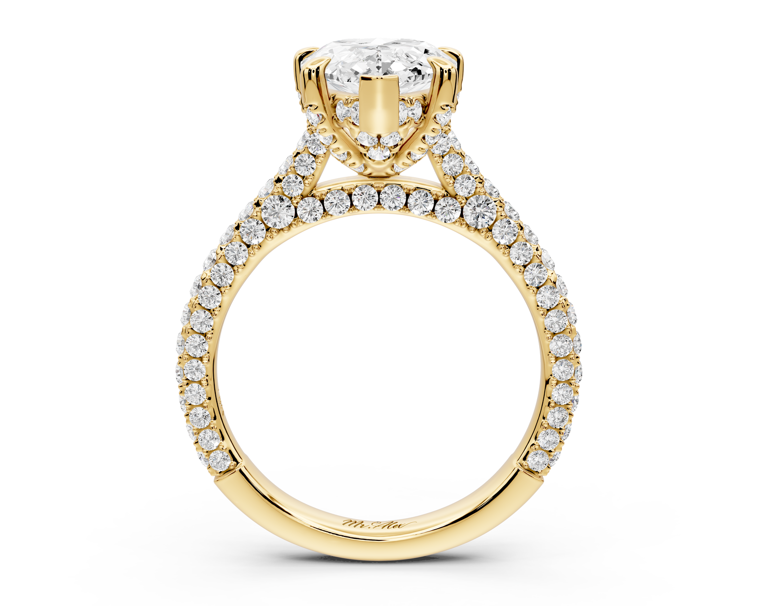 Bianca - 3ct 14k yellow gold pear Diamond hidden halo with a diamond crown and bridge rollover pave cathedral Engagement ring