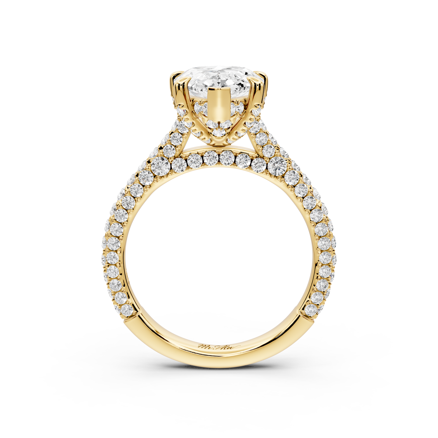 Bianca - 3ct 14k yellow gold pear Diamond hidden halo with a diamond crown and bridge rollover pave cathedral Engagement ring