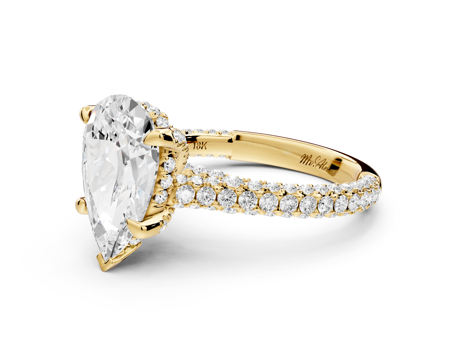 Bianca - 3ct 14k yellow gold pear Diamond hidden halo with a diamond crown and bridge rollover pave cathedral Engagement ring
