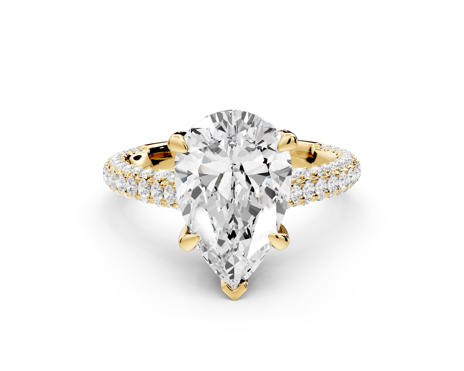 Bianca - 3ct 14k yellow gold pear Diamond hidden halo with a diamond crown and bridge rollover pave cathedral Engagement ring