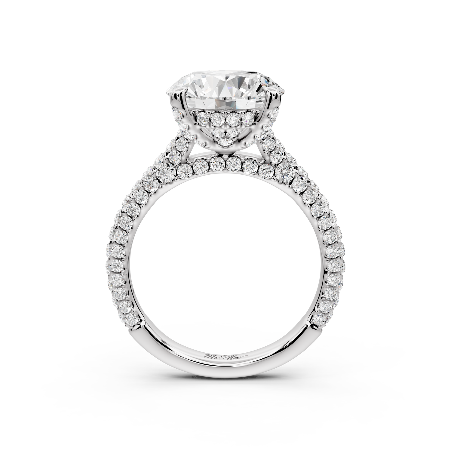 Bianca - 3ct 14k white gold round Diamond hidden halo with a diamond crown and bridge rollover pave cathedral engagment ring