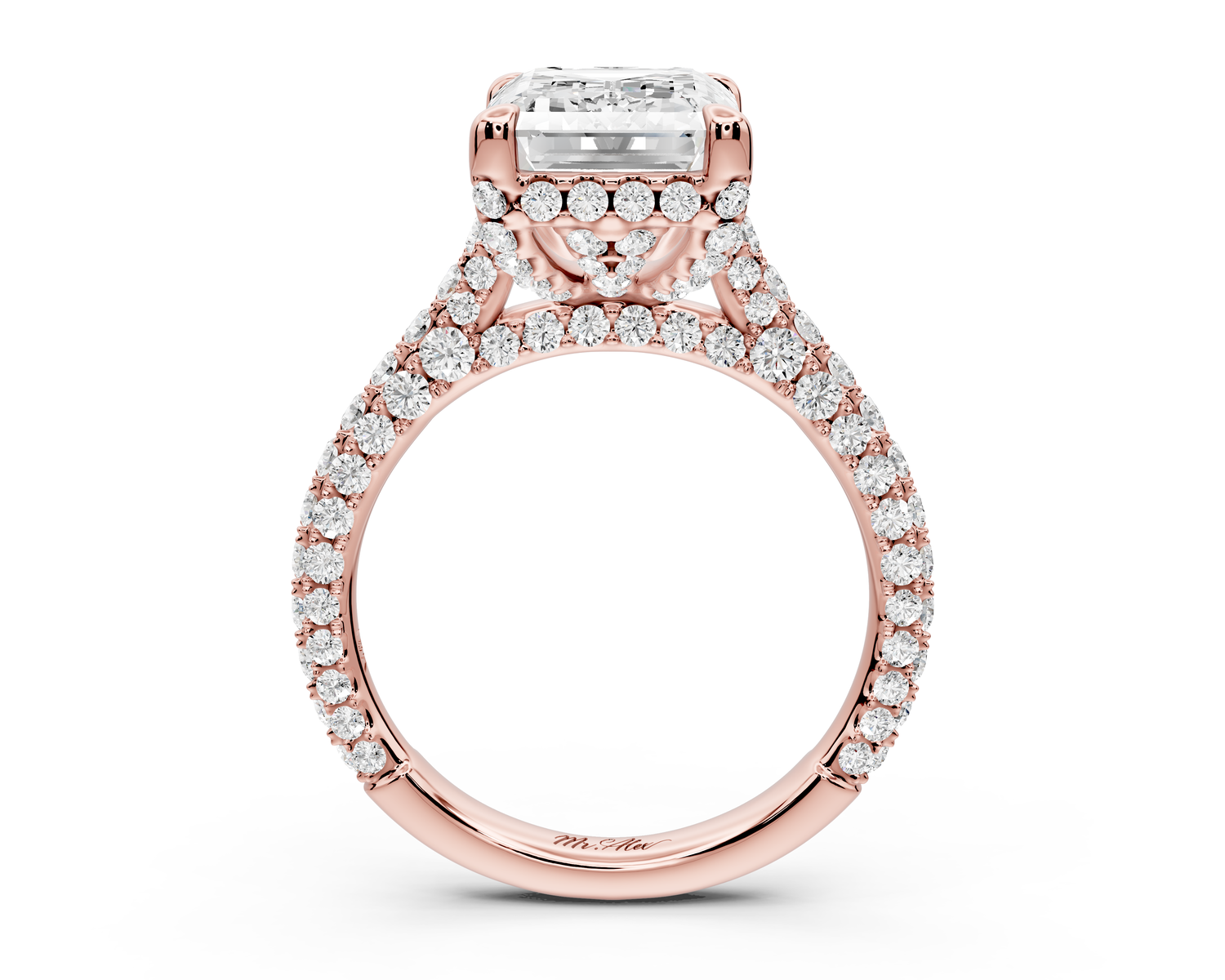 Bianca - 4ct 14k rose gold emerald Diamond hidden halo with a diamond crown and bridge rollover pave cathedral Engagement ring