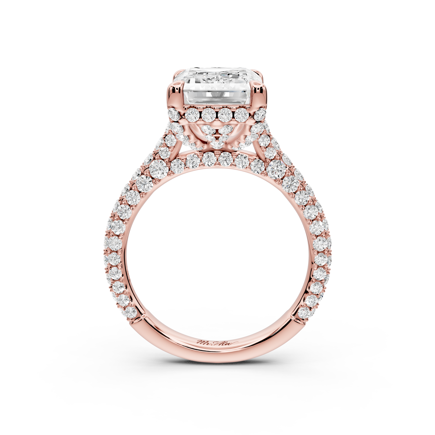 Bianca - 4ct 14k rose gold emerald Diamond hidden halo with a diamond crown and bridge rollover pave cathedral Engagement ring