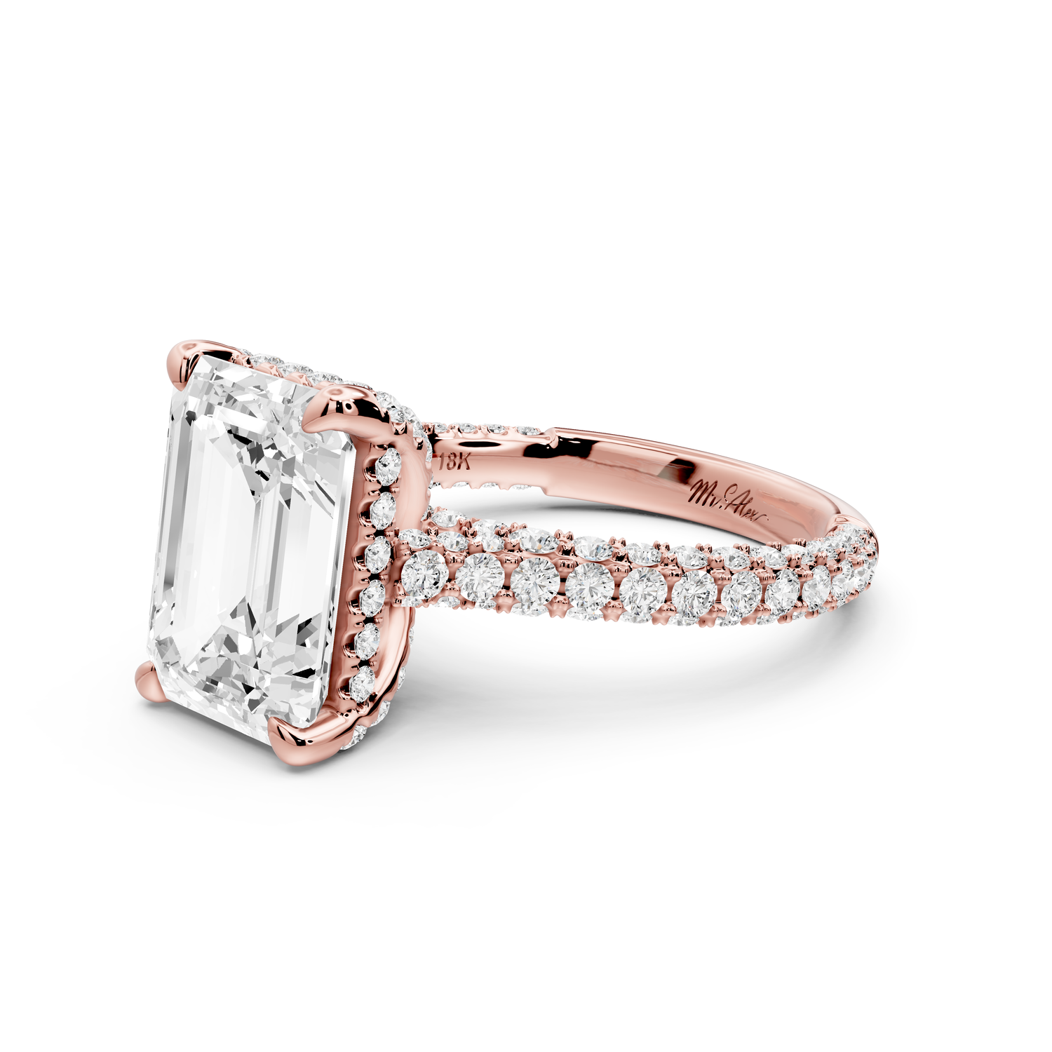 Bianca - 4ct 14k rose gold emerald Diamond hidden halo with a diamond crown and bridge rollover pave cathedral Engagement ring
