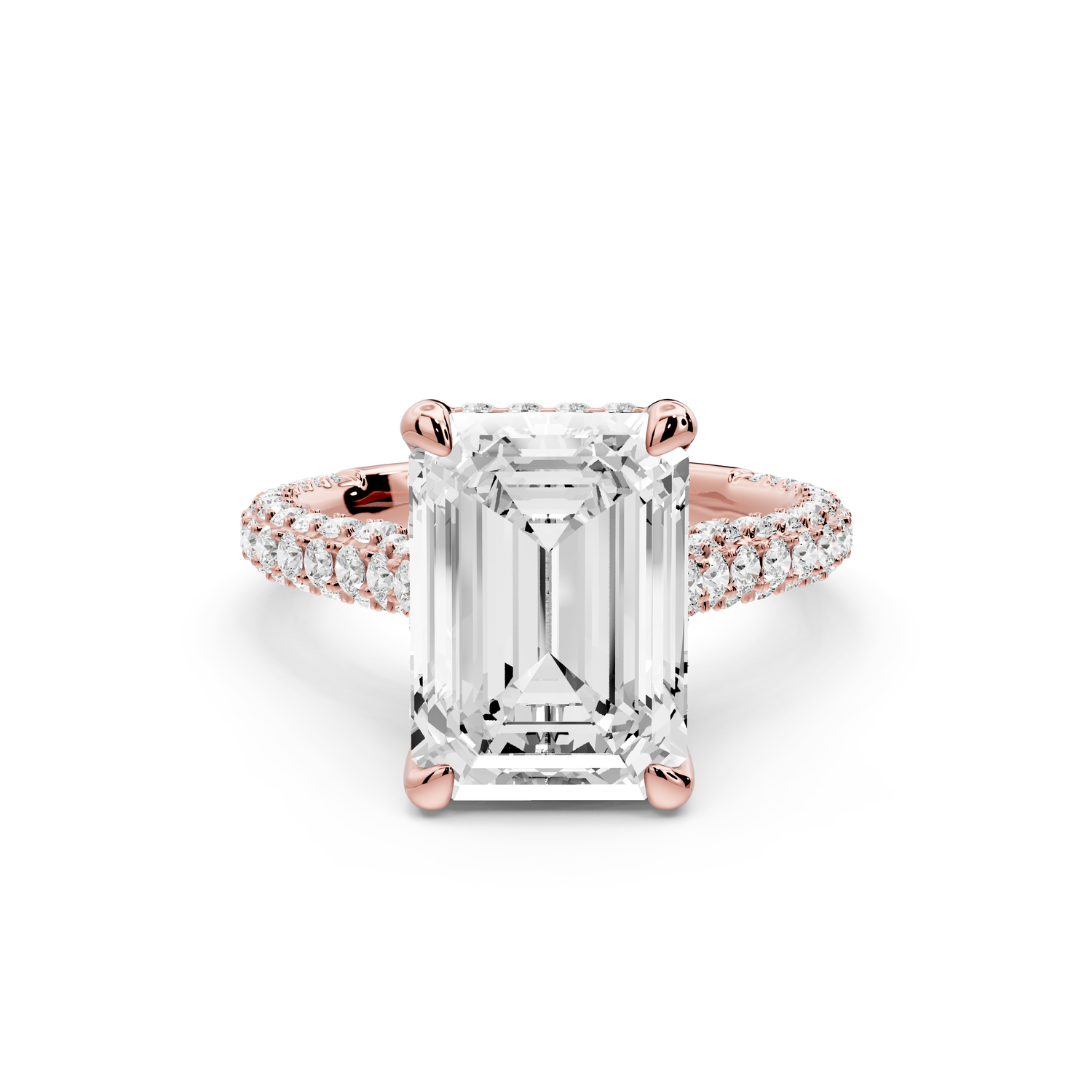 Bianca - 4ct 14k rose gold emerald Diamond hidden halo with a diamond crown and bridge rollover pave cathedral Engagement ring