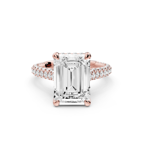 Bianca - 4ct 14k rose gold emerald Diamond hidden halo with a diamond crown and bridge rollover pave cathedral Engagement ring