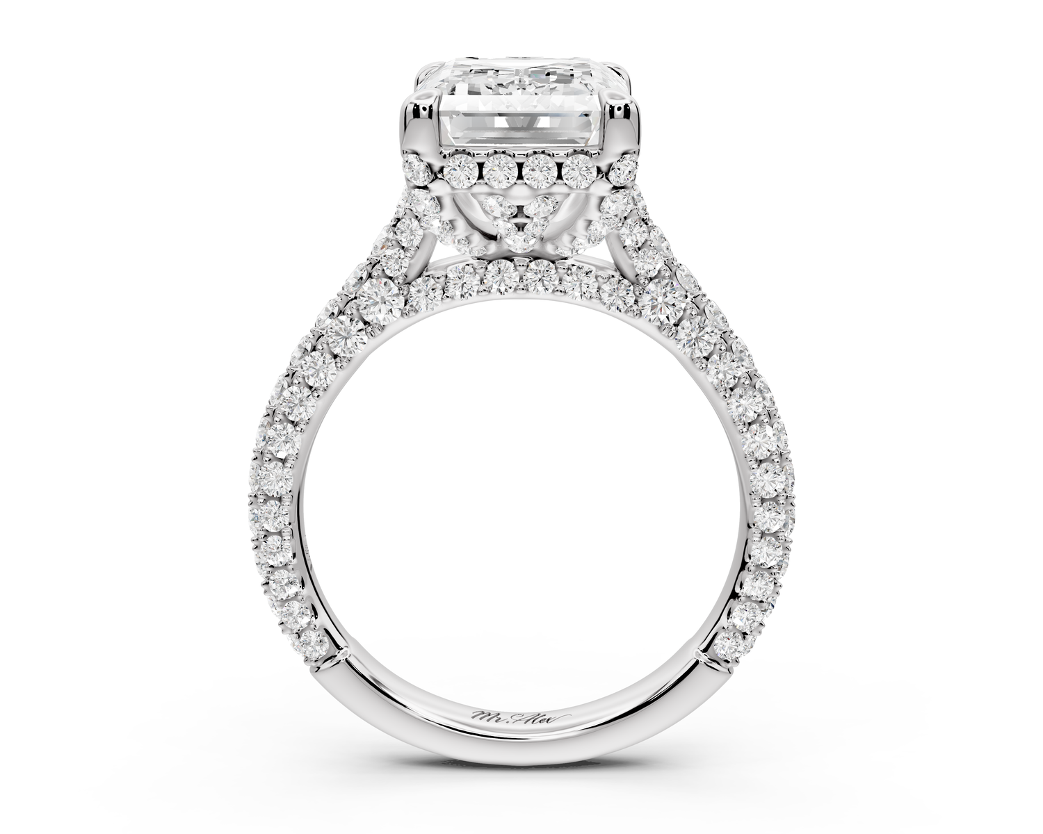 Bianca - 4ct 14k white gold emerald Diamond hidden halo with a diamond crown and bridge rollover pave cathedral Engagement ring