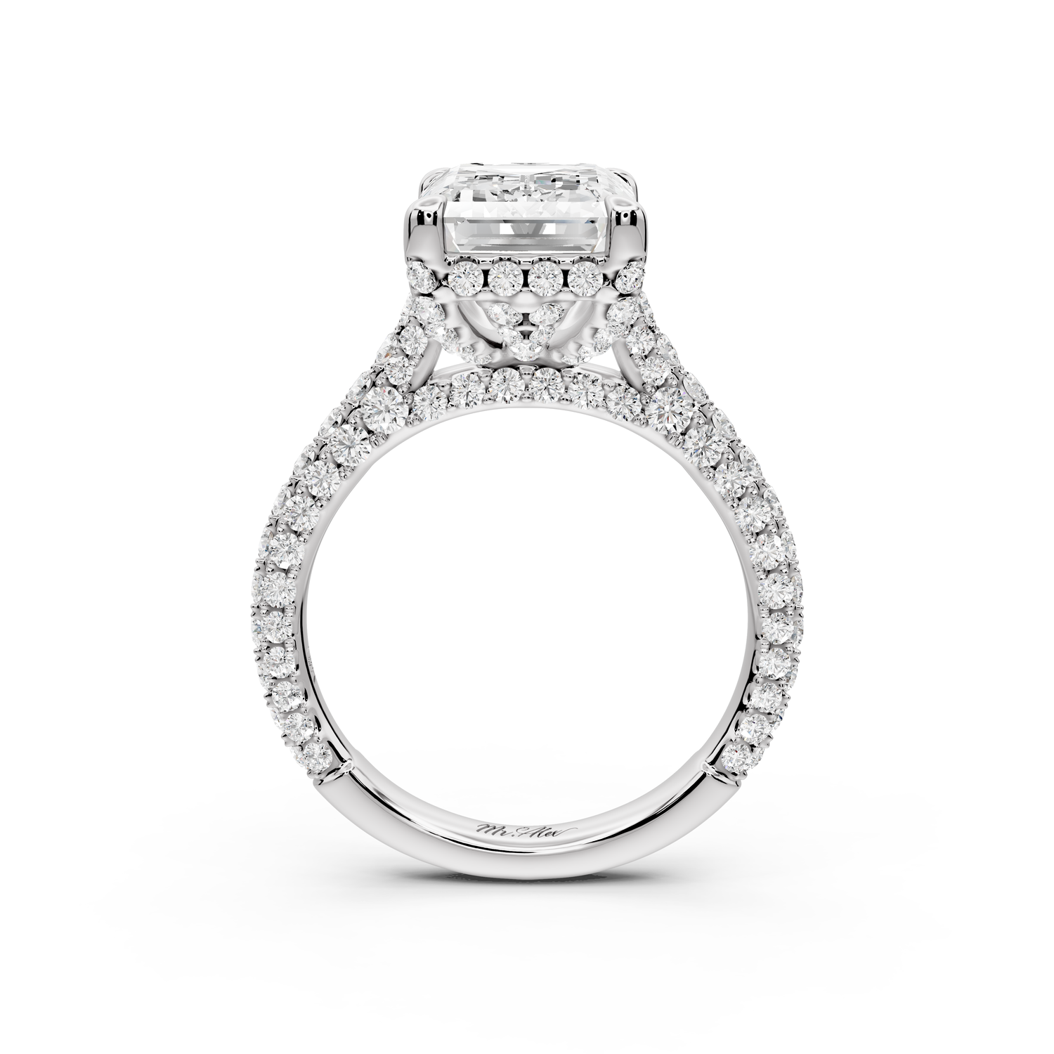 Bianca - 4ct 14k white gold emerald Diamond hidden halo with a diamond crown and bridge rollover pave cathedral Engagement ring