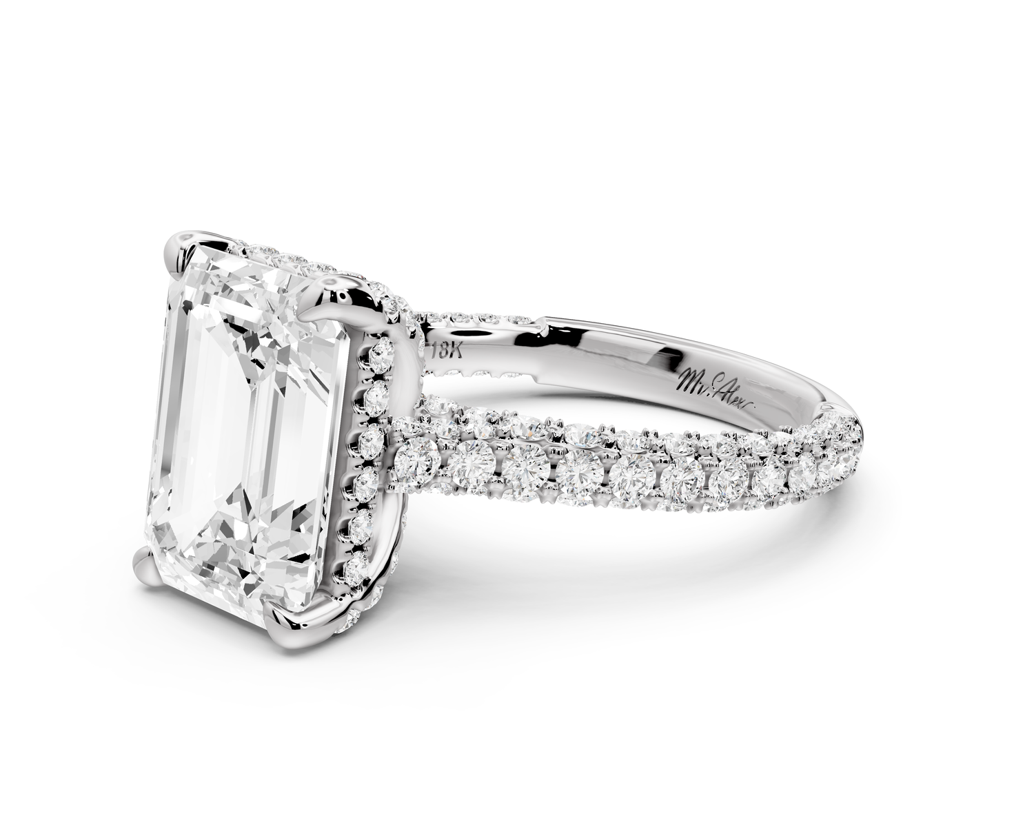 Bianca - 4ct 14k white gold emerald Diamond hidden halo with a diamond crown and bridge rollover pave cathedral Engagement ring