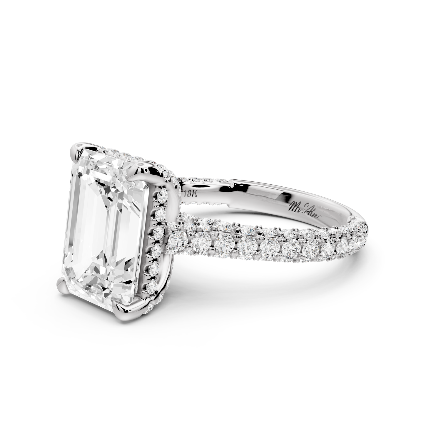 Bianca - 4ct 14k white gold emerald Diamond hidden halo with a diamond crown and bridge rollover pave cathedral Engagement ring