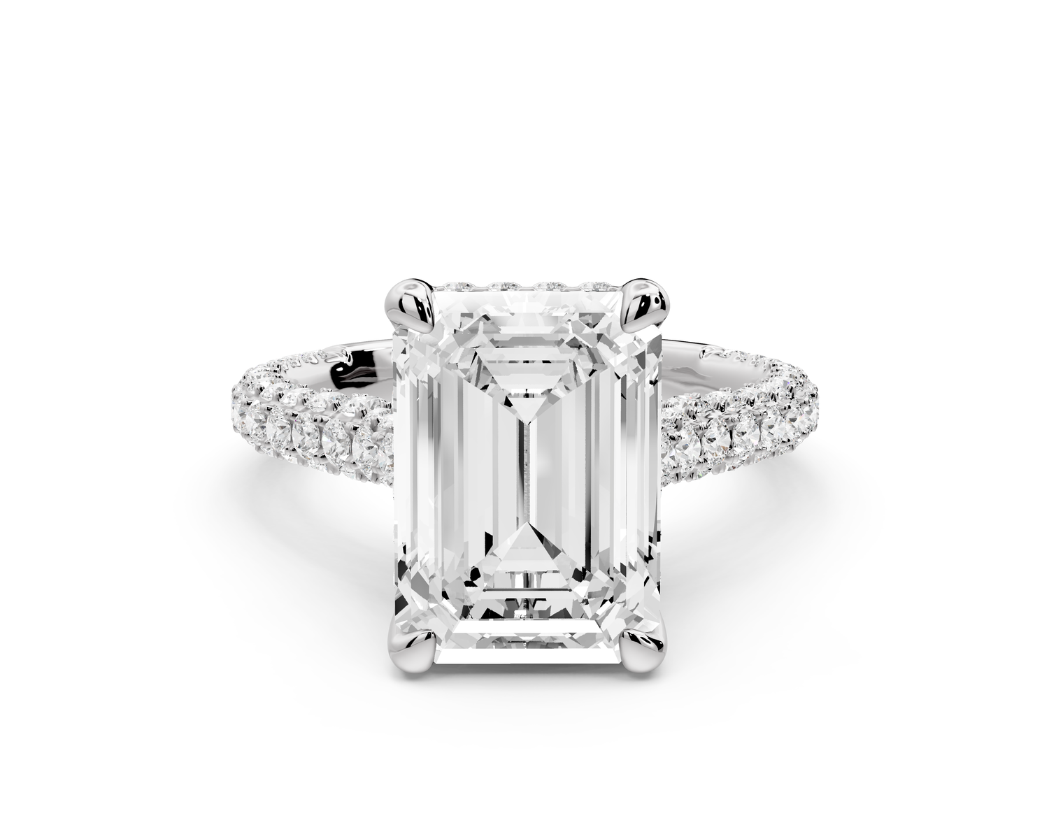 Bianca - 4ct 14k white gold emerald Diamond hidden halo with a diamond crown and bridge rollover pave cathedral Engagement ring