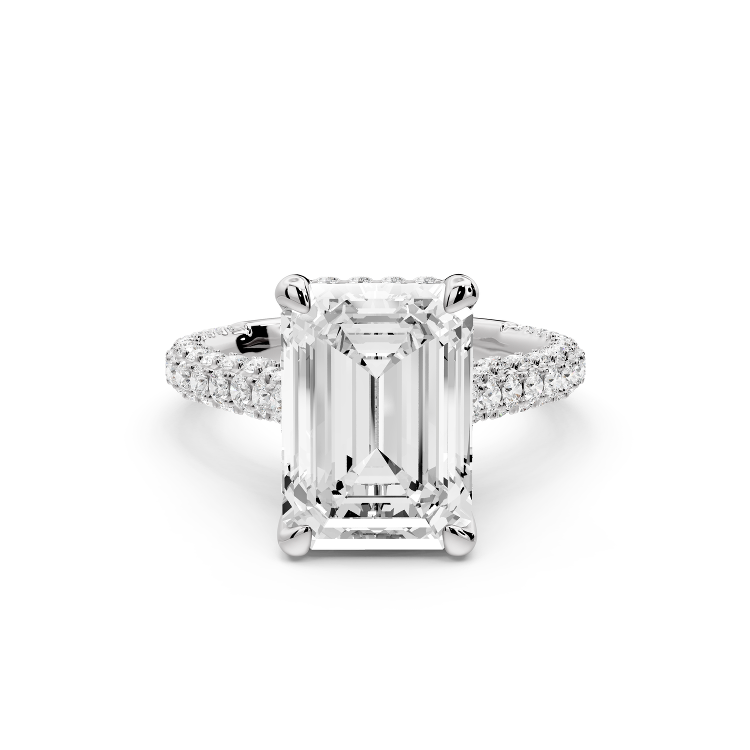Bianca - 4ct 14k white gold emerald Diamond hidden halo with a diamond crown and bridge rollover pave cathedral Engagement ring