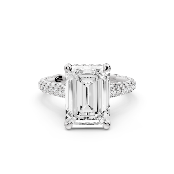 Bianca - 4ct 14k white gold emerald Diamond hidden halo with a diamond crown and bridge rollover pave cathedral Engagement ring