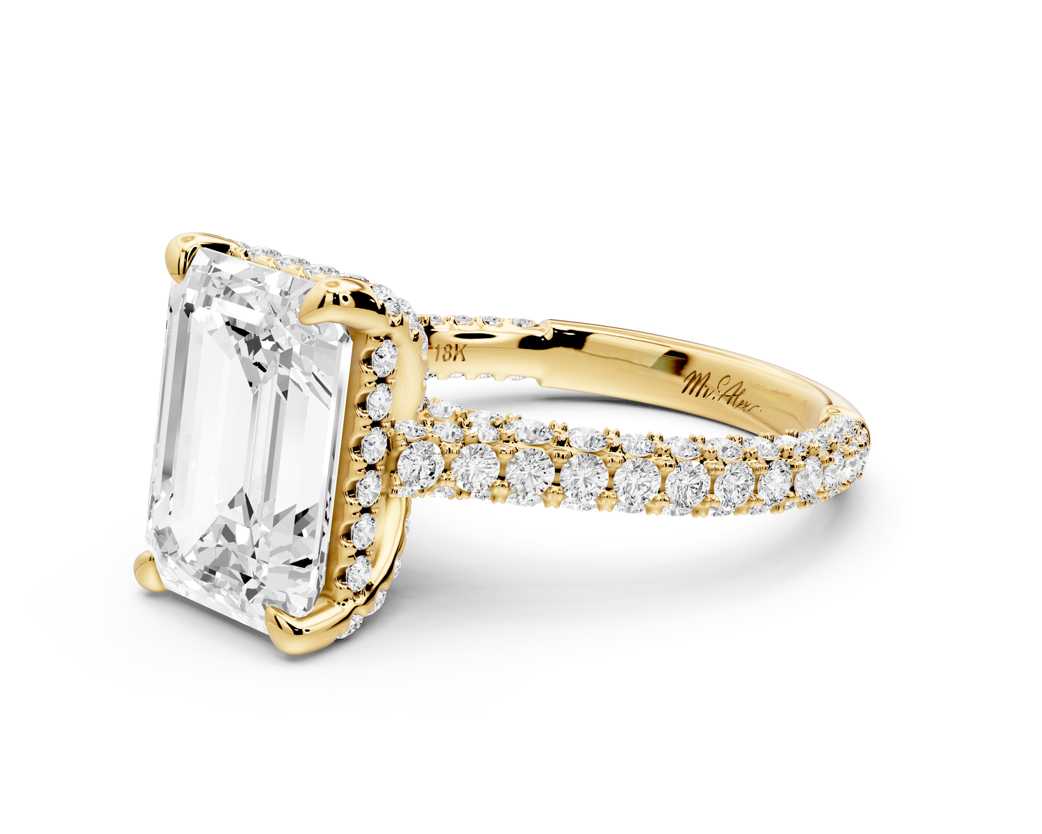 Bianca - 4ct 14k yellow gold emerald Diamond hidden halo with a diamond crown and bridge rollover pave cathedral Engagement ring