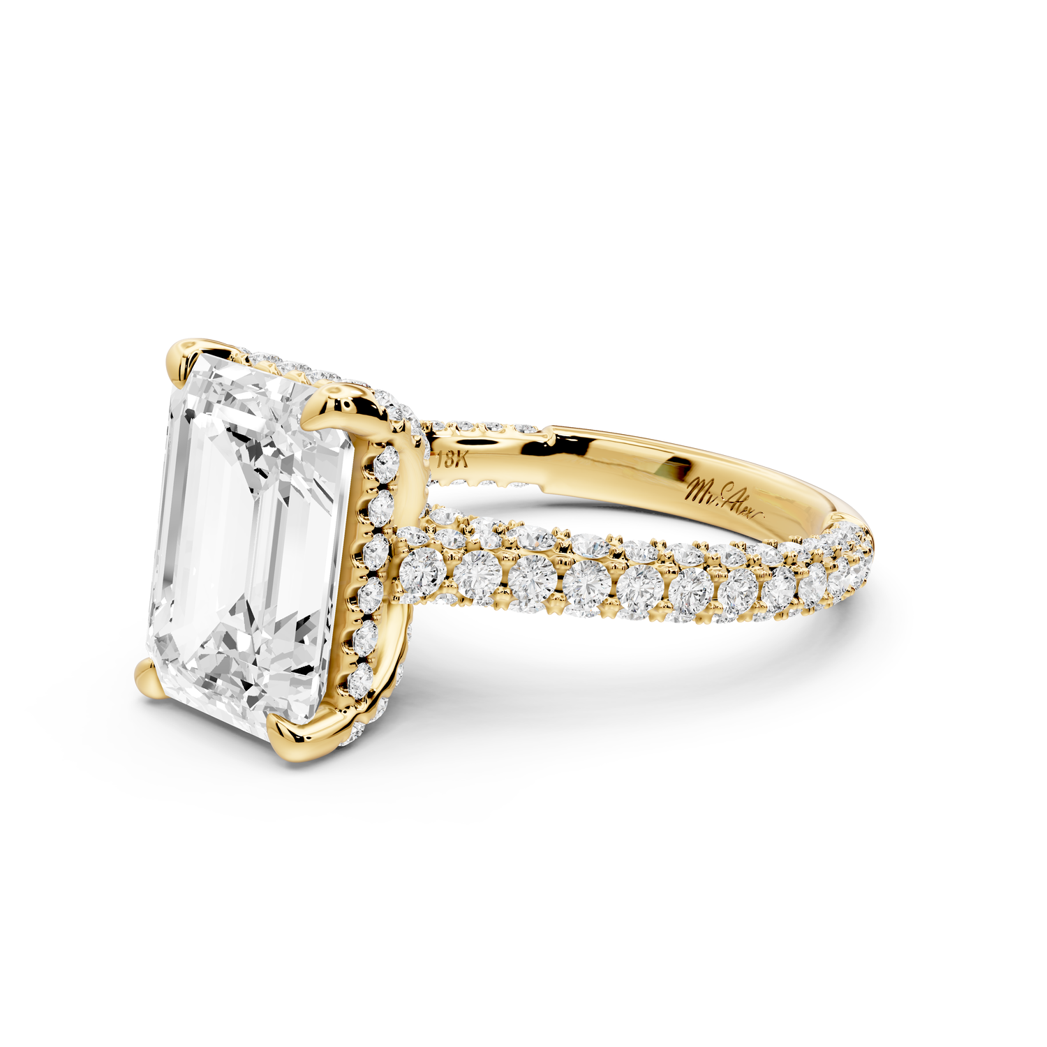 Bianca - 4ct 14k yellow gold emerald Diamond hidden halo with a diamond crown and bridge rollover pave cathedral Engagement ring