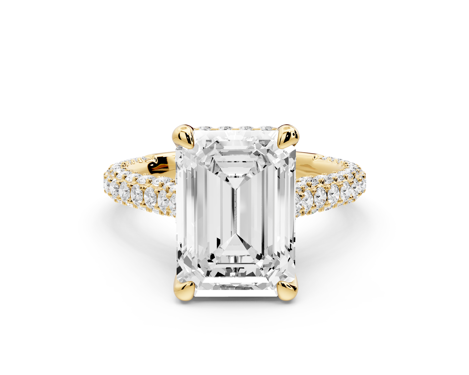 Bianca - 4ct 14k yellow gold emerald Diamond hidden halo with a diamond crown and bridge rollover pave cathedral Engagement ring