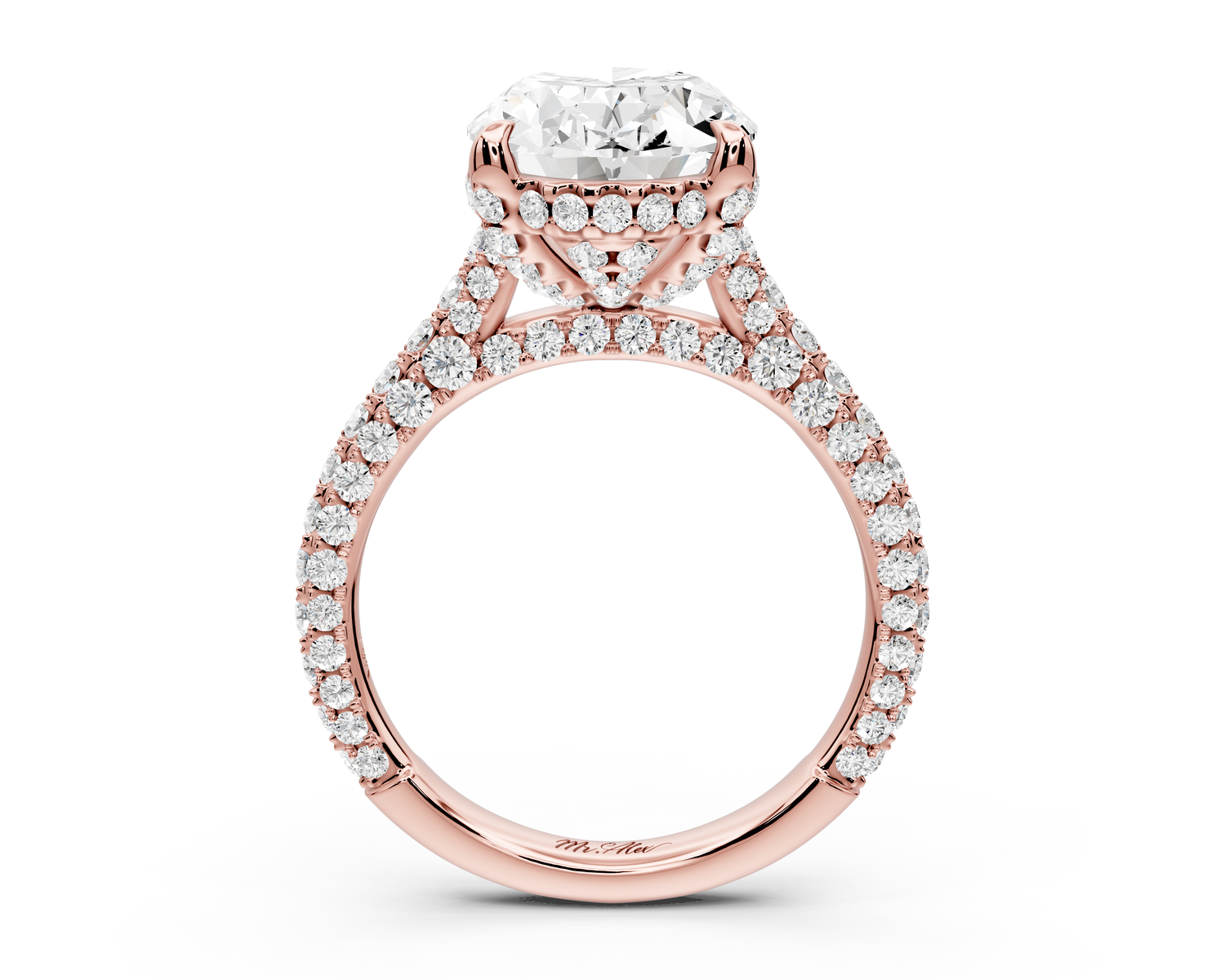 Bianca - 4ct 14k rose gold oval Diamond hidden halo with a diamond crown and bridge rollover pave cathedral Engagement ring