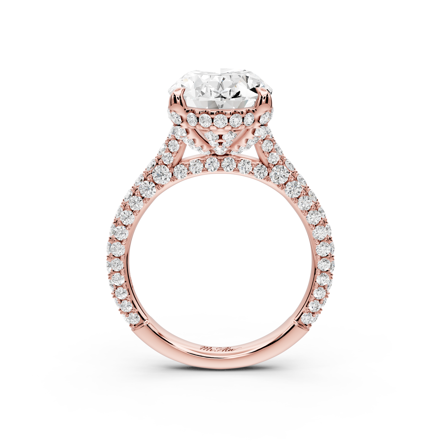 Bianca - 4ct 14k rose gold oval Diamond hidden halo with a diamond crown and bridge rollover pave cathedral Engagement ring
