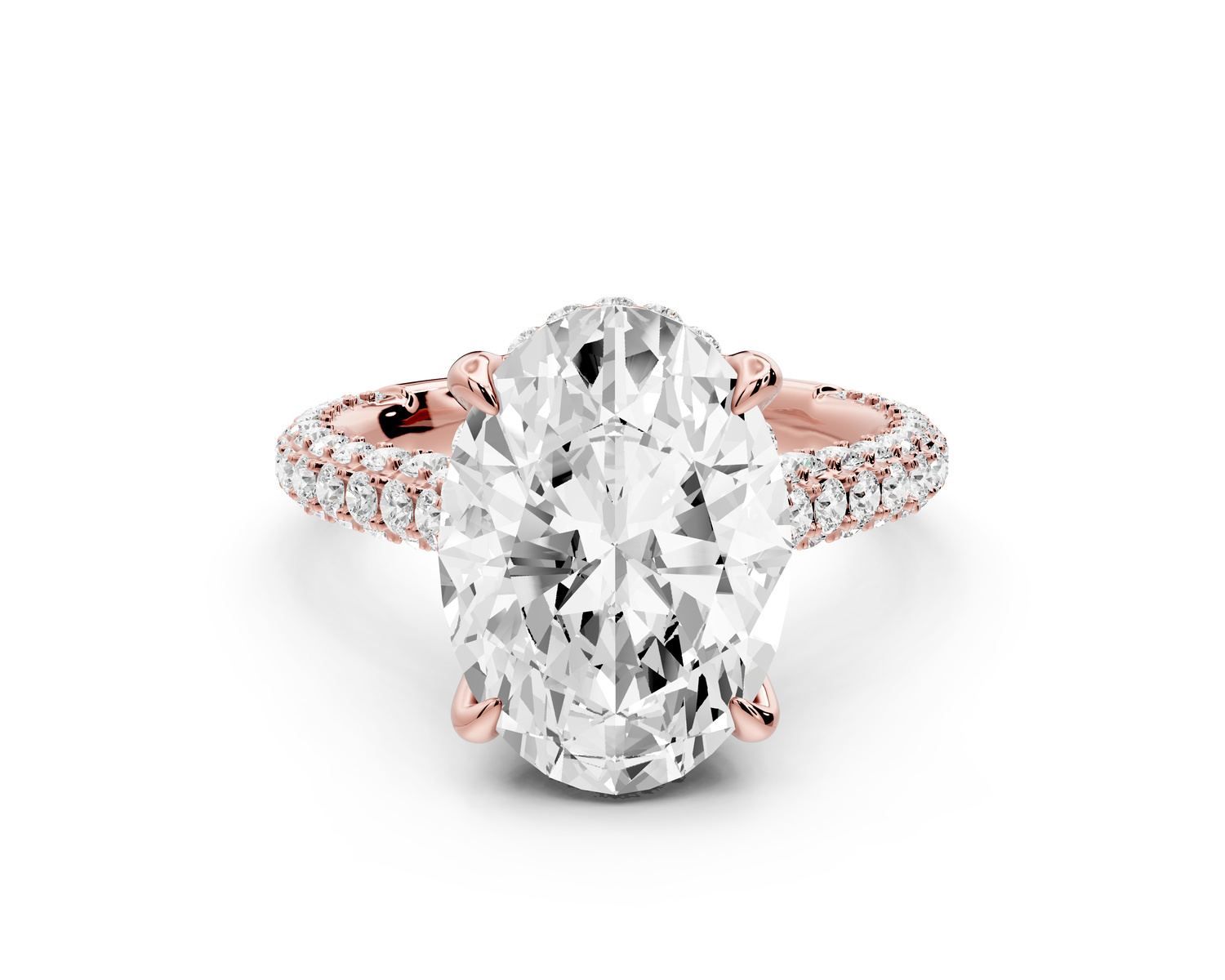 Bianca - 4ct 14k rose gold oval Diamond hidden halo with a diamond crown and bridge rollover pave cathedral Engagement ring