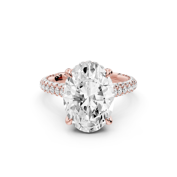 Bianca - 4ct 14k rose gold oval Diamond hidden halo with a diamond crown and bridge rollover pave cathedral Engagement ring