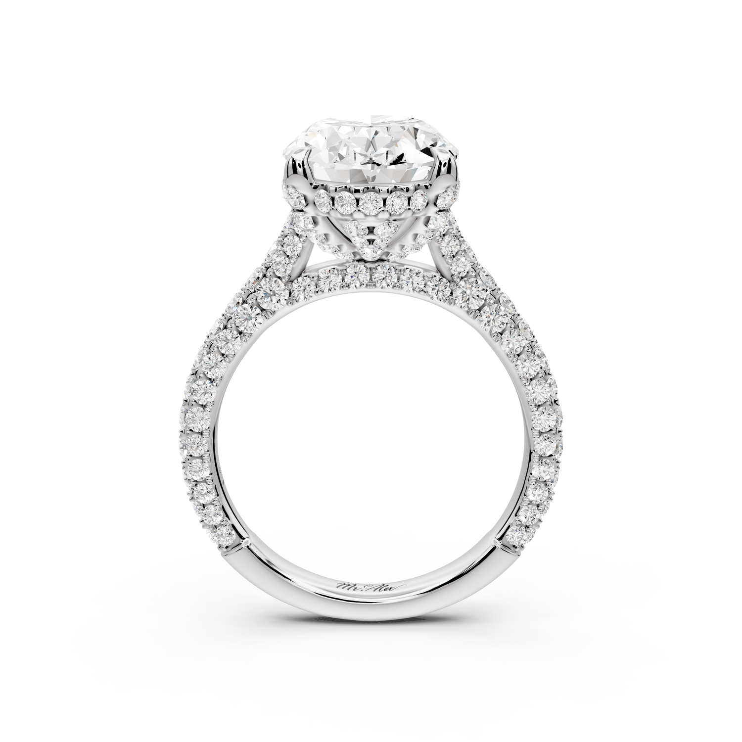 Bianca - 4ct 14k white gold oval Diamond hidden halo with a diamond crown and bridge rollover pave cathedral Engagement ring